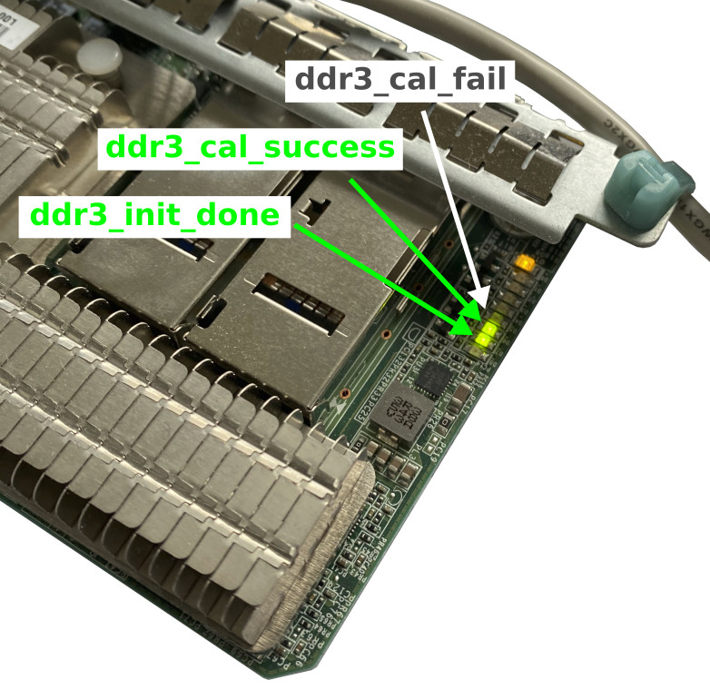 LEDs indicating a success of the DDR3 controller initialization procedure